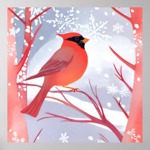 Poster Cardinal Vermelho Bela Pintura em Aquarela