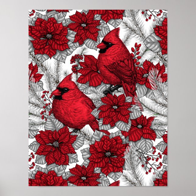Poster Cardinhas e poinsetos em vermelho e branco (Frente)