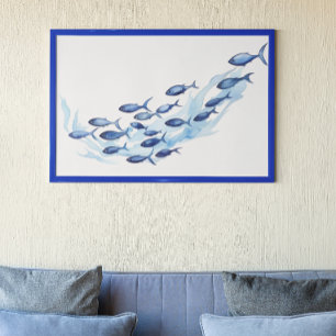 Poster Cardume de Peixes Escola Azul Aquarela