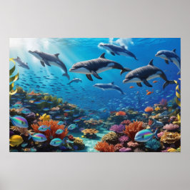 Poster Cardume Dinâmico de Golfinhos e Peixes - Recife de