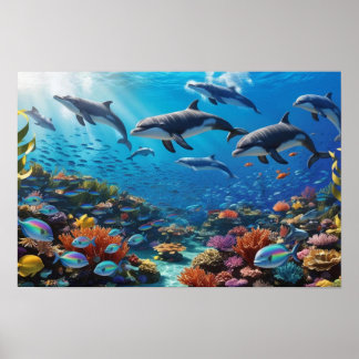 Poster Cardume Dinâmico de Golfinhos e Peixes - Recife de