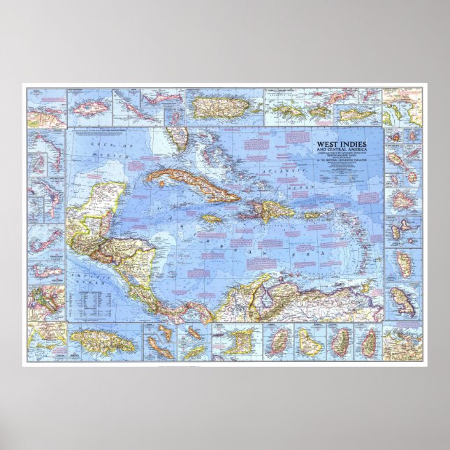 Poster  Caribe: 1970 - Mapa detalhado das Índias Ocident