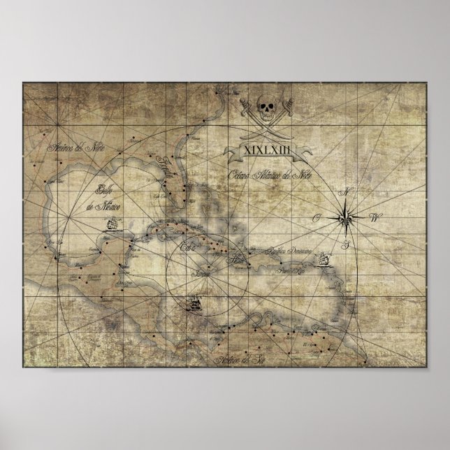 Póster Caribe - mapa antigo (Frente)