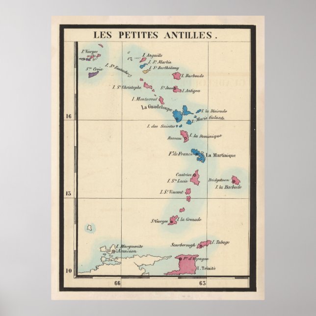 Poster Caribe Vintage Map (1844) das Antigas Antilhas (Frente)