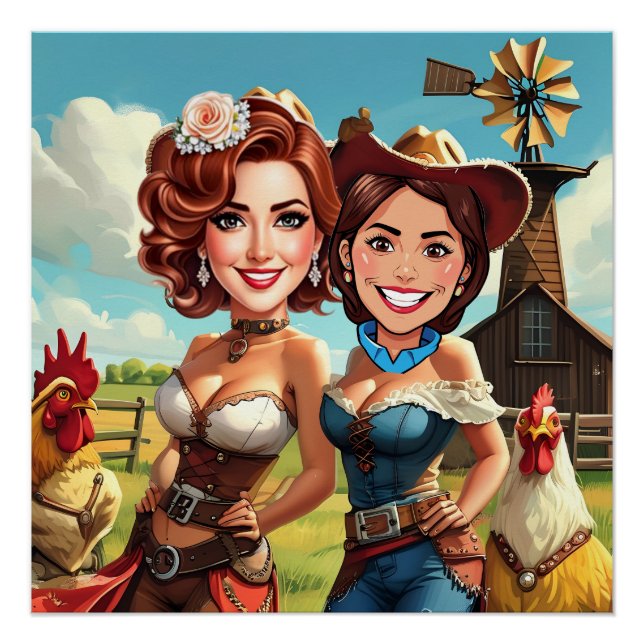 Póster Caricatura de Cowgirls Noiva Divertida (Frente)