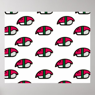 Poster Caricatura Kawaii Sushi, Arroz de Peixe e Algas
