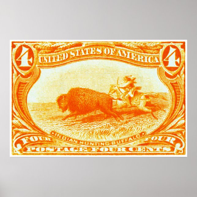 Poster Carimbo de Buffalo de Caça Indiana em 1898 (Frente)