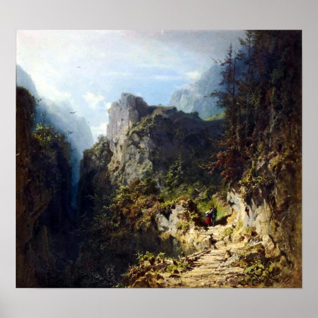 Poster Carl Spitzweg Mountain Landscape com Amantes (Frente)