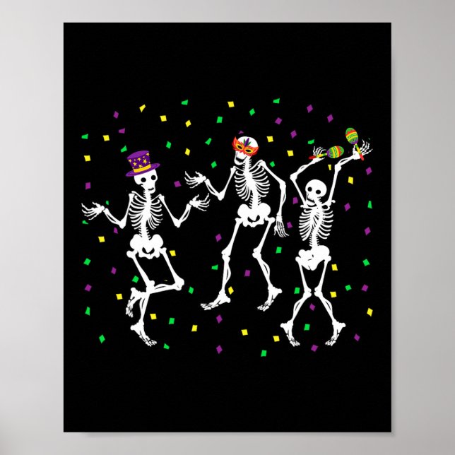Poster Carnaval de Jester Skeleton dançando em Mardi Gras (Frente)