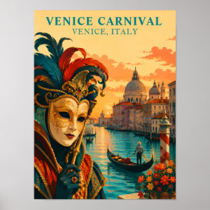 Poster Carnaval de Veneza Itália Máscara Veneziana Vintag