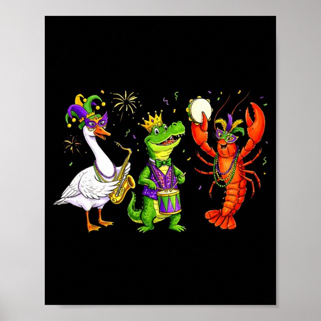 Poster Carnaval divertido de Mardi Gras com Ganso, Jacaré (Frente)