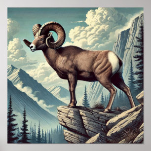 Poster Carneiro de Bighorn em um Cultivo Rochoso