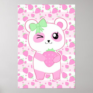 Póster Carneiro-de-morango-branco-rosado Kawaii Panda