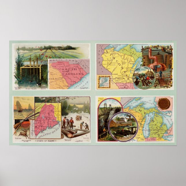 Póster Carolina do Sul, Wisconsin, Maine, Michigan (Frente)