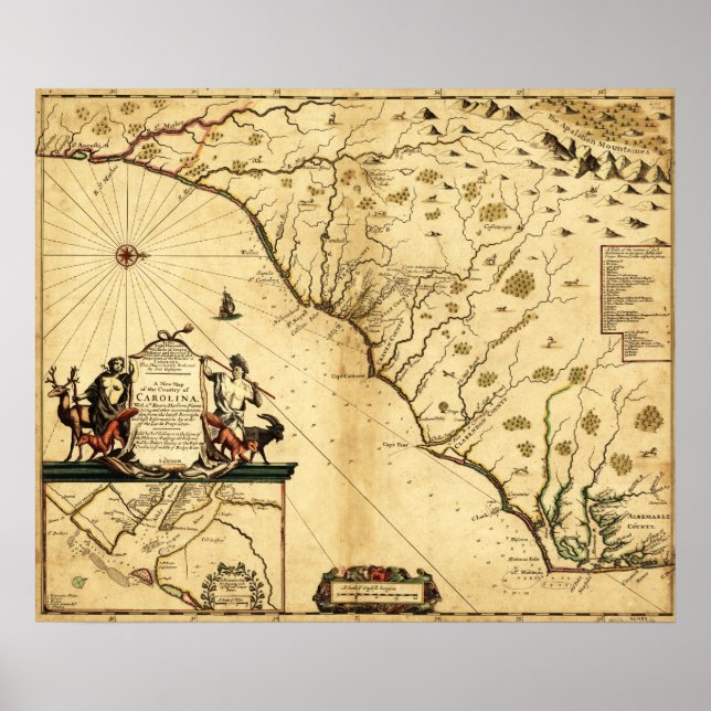 Póster Carolinas de Norte para DireitaMapa Panorâmico (Frente)