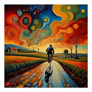 Póster Carona de bicicleta no pôr do sol 1