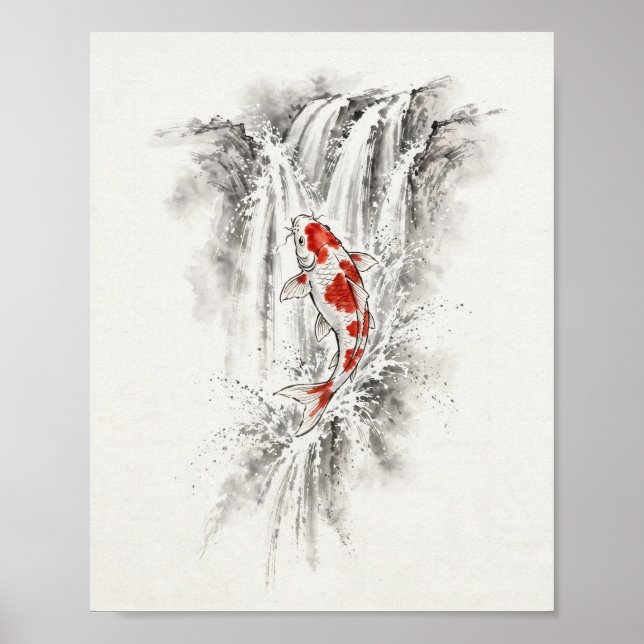 Poster Carpa Koi de Tinta Saltando Cachoeira (Frente)