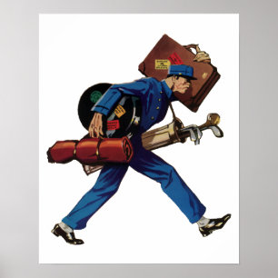 Póster Carregador de Bagagens Antigo em Uniforme, Mala e