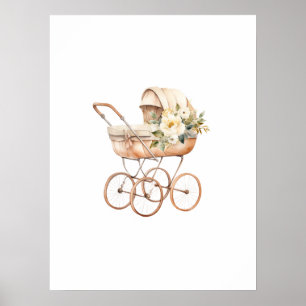 Poster Carrinho de Bebê Antigo com Buquê Floral