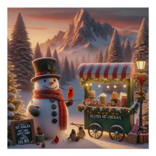 Póster Carrinho de Chocolate Quente do Boneco de Neve do 
