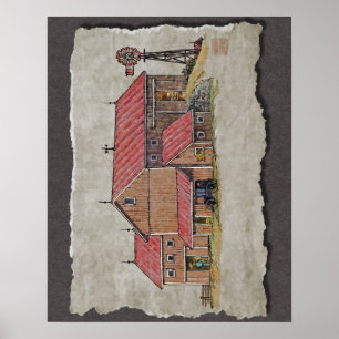 Póster Carrinho & moinho de vento do celeiro