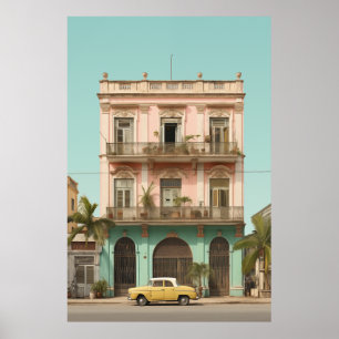 Poster Carro Amarelo do edifício Colonial Havana Cuba