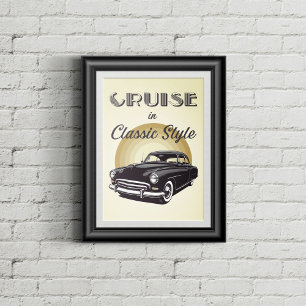 Poster Carro antigo da escola com texto retrô estilizado.