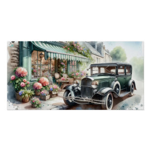 Póster Carro Antigo e Charmoso Loja de Flores Aquarela