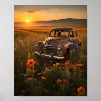 Poster Carro Antigo em um Campo ao Pôr do Sol