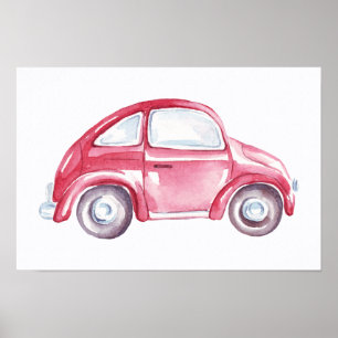 Poster Carro Antigo Vermelho em Aquarela Vintage Retro