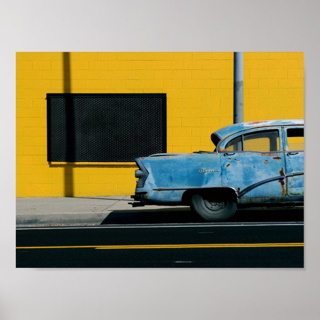 Poster Carro Azul Rusty e Parede Amarelo (Frente)