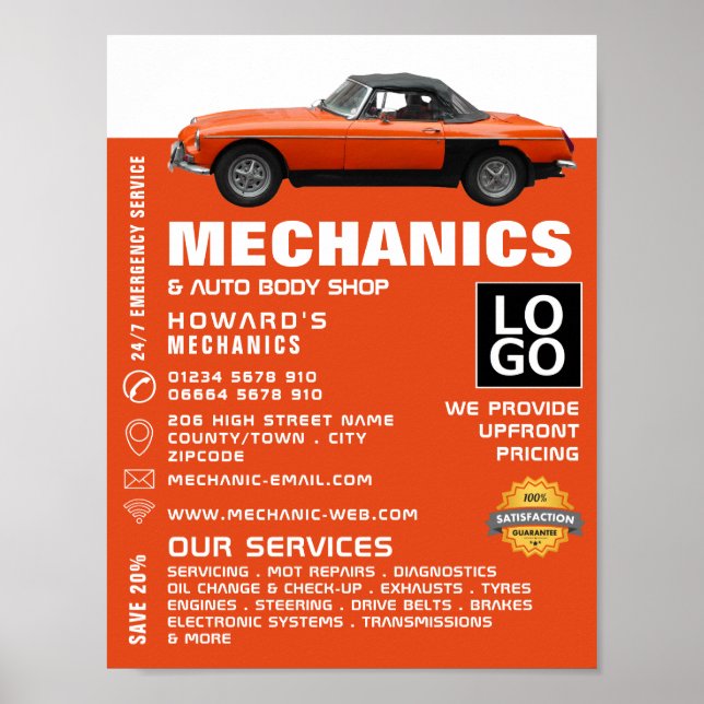 Poster Carro Clássico, Mecânico Automático e Reparo Publi (Frente)