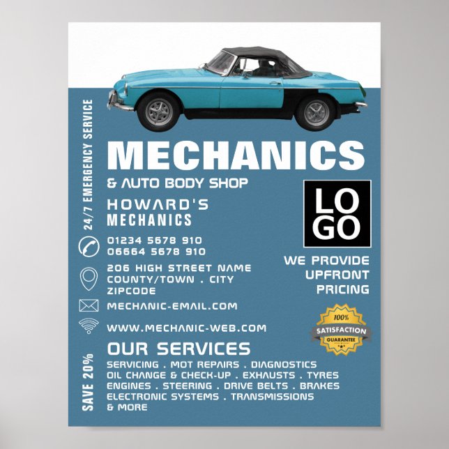 Poster Carro Clássico, Mecânico Automático e Reparo Publi (Frente)