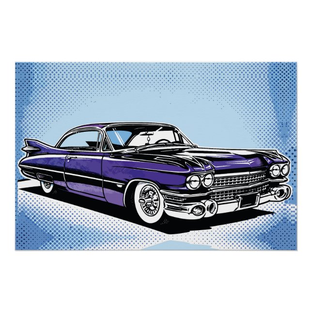 Póster Carro Clássico Roxo Retro Arte Pop Lateral (Frente)