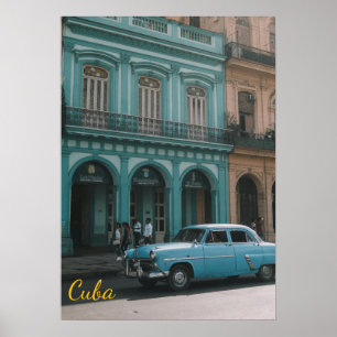 Poster Carro Clássico Turquesa Antigo Havana Cuba Colonia