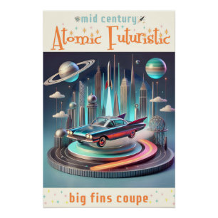 Póster Carro Coupe de Grandes Aleta Futurista Atômica