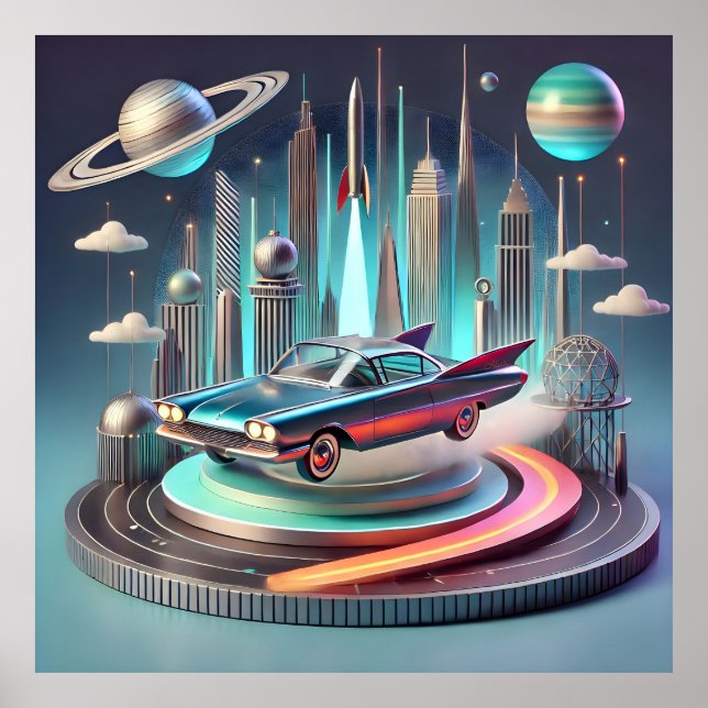 Poster Carro Coupe de Grandes Aleta Futurístico Atômico (Frente)