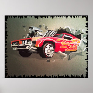 Poster Carro Crashing Através Da Placa De Parede