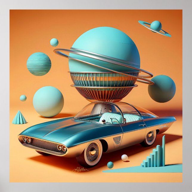 Poster Carro Cruiser de Visão Aérea Futurística Atômica (Frente)
