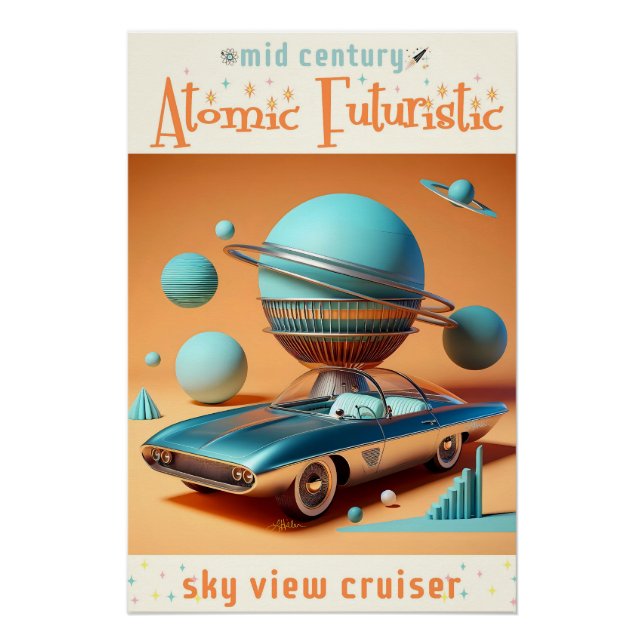 Póster Carro Cruiser de Visão Aérea Futurística Atômica (Frente)