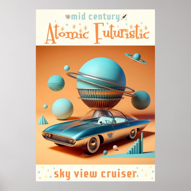 Poster Carro Cruiser de Visão Aérea Futurística Atômica (Frente)