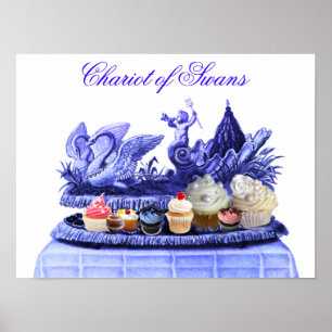 PÓSTER CARRO DE CISNES E CUPCAKES AZUL ANTIGO