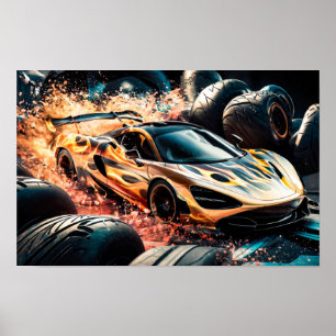 Poster Carro de corrida esportivo Flame Gold Racing à der
