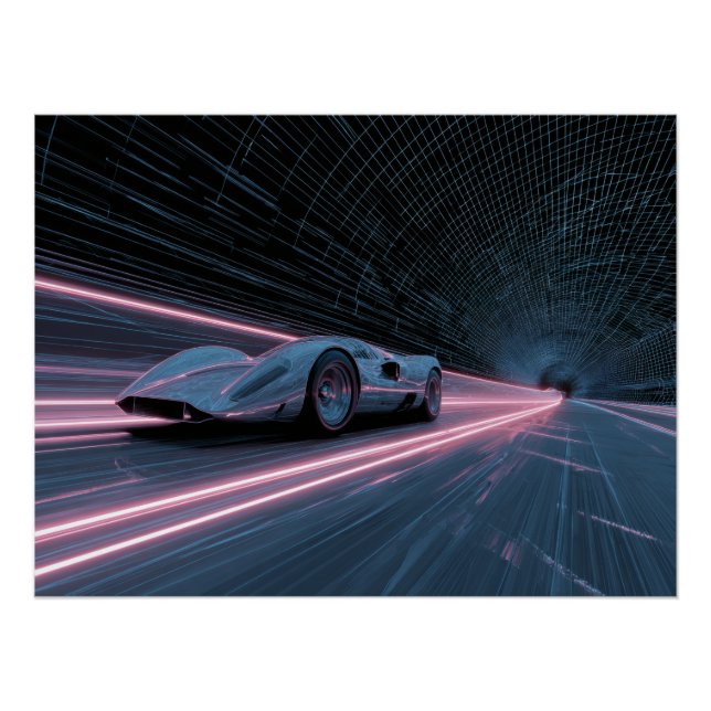 Póster Carro de Corrida Retro Futurista Neon Grid (Frente)
