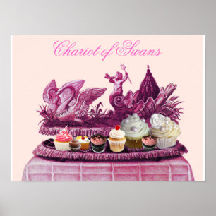 PÓSTER CARRO DE PINK ANTIGO DE CISNES E CUPCAKES