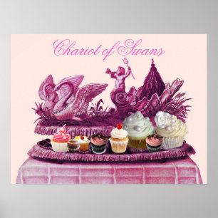 PÓSTER CARRO DE PINK ANTIGO DE CISNES E CUPCAKES