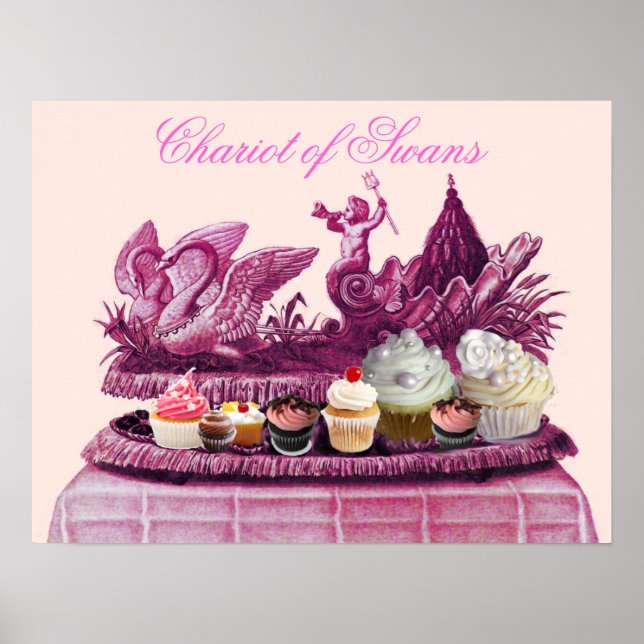 PÓSTER CARRO DE PINK ANTIGO DE CISNES E CUPCAKES (Frente)