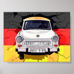 Póster Carro de Trabant e bandeira alemão, muro de Berli