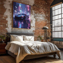 Póster Carro desportivo cromo na cidade de Cyberpunk Neon