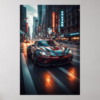 Poster Carro Esportivo Vermelho Corrida Cidade Neon 🌃